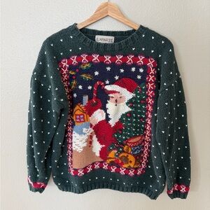 Vintage Exparte Ugly Christmas Sweater Hand Knit Wearable Art Holiday Santa L